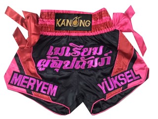 Personlig Muay Thai Shorts : KNSCUST-1291-Sort-Rosa