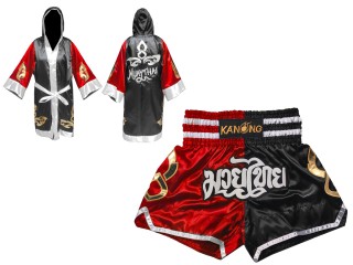 Personlig Kanong Muay Thai Bokseklær + Muay Thai Shorts : 143-Rød-Sort