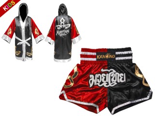 Personlig Kanong Muay Thai Boksekåpe + Muay Thai Shortsbarn : 143-Rød-Sort