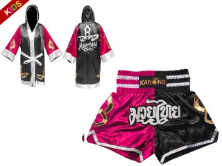 Personlig Kanong Muay Thai Boksekåpe + Muay Thai Shortsbarn : 143-Rose-Sort