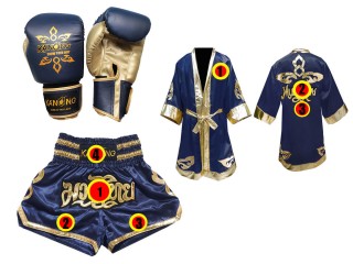 Pakke med Muay Thai hansker + tilpassede shorts + tilpasset kappe :  Marineblå/Gull