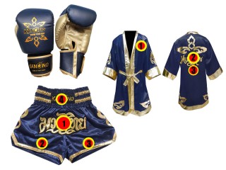 Pakke med Muay Thai hansker + Personlig shorts + Personlig kappe :  Marineblå/Gull