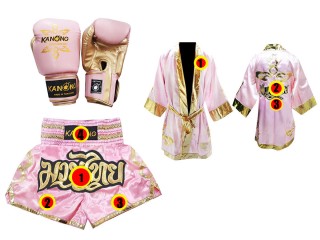Pakke med Muay Thai hansker + tilpassede shorts + tilpasset kappe :  Rosa/Gull
