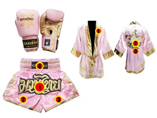 Pakke med Muay Thai hansker + Personlig shorts + Personlig kappe :  Rosa/Gull