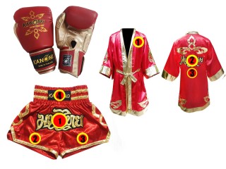 Pakke med Muay Thai hansker + Personlig shorts + Personlig kappe :  Rød/Gull