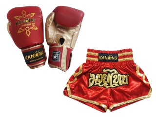 Matchende Muay Thai Boksehansker  og Muay Thai Shorts: Set-121-Rød 