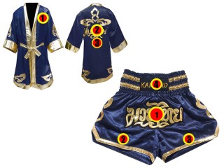 Personlig Kanong Muay Thai Boksekåpe + Muay Thai Shorts : Marineblå/Gull