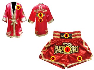 Personlig Kanong Muay Thai Boksekåpe + Muay Thai Shorts : Rød/Gull