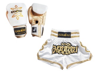 Matchende Muay Thai Boksehansker og Muay Thai Shorts: Set-121-Hvit