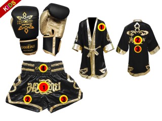 Sett med Muay Thai hansker + tilpassede shorts + boksekåpe barn:  Svart/Gull