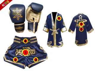 Sett med Muay Thai hansker + tilpassede shorts + boksekåpe barn:  Marineblå/Gull