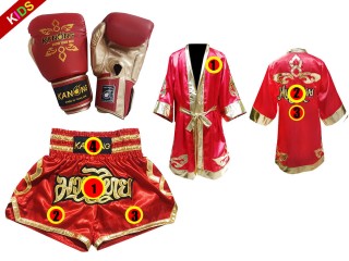 Sett med Muay Thai hansker + tilpassede shorts + boksekåpe barn:  Rød/Gull