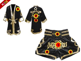 Personlig Kanong Muay Thai Boksekåpe + Muay Thai Shorts barn : Svart/Gull