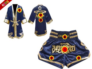 Personlig Kanong Muay Thai Boksekåpe + Muay Thai Shorts barn : Marineblå/Gull