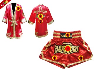 Personlig Kanong Muay Thai Boksekåpe + Muay Thai Shortsbarn : Rød/Gull