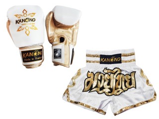 Matchende Muay Thai Boksehansker og Muay Thai Shorts: Set-121-Hvit