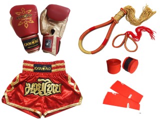 Sett med boksehansker og Muay Thai-shorts med utstyr : Sett-121-Rød