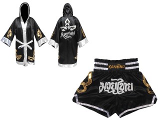 Personlig Kanong Muay Thai Bokseklær + Muay Thai Shorts : Set-143-Svart