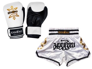 Matchende Muay Thai Boksehansker og Muay Thai Shorts: Set-143-Gloves-Hvit