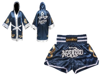 Personlig Kanong Muay Thai Bokseklær + Muay Thai Shorts : Set-143-Marineblå