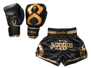 Matchende Muay Thai Boksehansker og Muay Thai Shorts: Set-144-Gloves-Svart-Gull