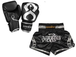 Matchende Muay Thai Boksehansker og Muay Thai Shorts: Set-144-Gloves-Svart-Sølv