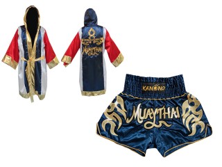 Personlig Kanong Muay Thai Bokseklær + Muay Thai Shorts : Set-134-Robe-Marineblå