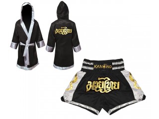 Personlig Kanong Muay Thai Bokseklær + Muay Thai Shorts : Set-141-Svart