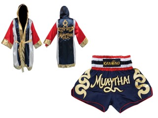 Personlig Kanong Muay Thai Bokseklær + Muay Thai Shorts : Set-120-Robe-Marineblå