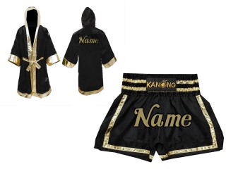 Personlig Kanong Muay Thai Bokseklær + Muay Thai Shorts : Set-140-Svart-Gull