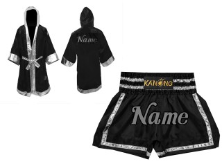 Personlig Kanong Muay Thai Bokseklær + Muay Thai Shorts : Set-140-Svart-Sølv