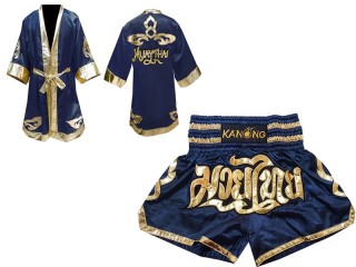 Personlig Kanong Muay Thai Boksekåpe + Muay Thai Shorts : Marineblå/Gull