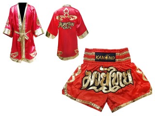 Personlig Kanong Muay Thai Boksekåpe + Muay Thai Shorts : Rød/Gull