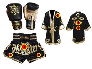 Sett med Muay Thai hansker + tilpassede shorts + tilpasset kappe :  Svart/Gull