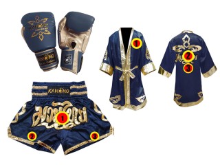 Sett med Muay Thai hansker + tilpassede shorts + tilpasset kappe :  Marineblå/Gull