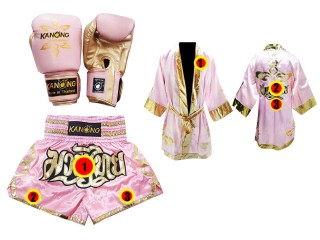 Pakke med Muay Thai hansker + tilpassede shorts + tilpasset kappe :  Rosa/Gull