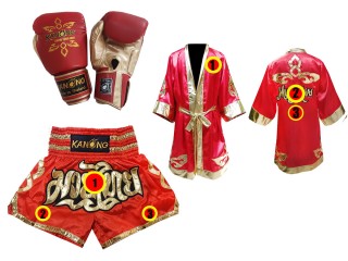 Sett med Muay Thai hansker + tilpassede shorts + tilpasset kappe :  Rød/Gull