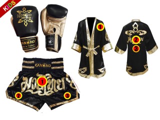 Sett med Muay Thai hansker + tilpassede shorts + tilpasset kappe for barn:  Svart/Gull