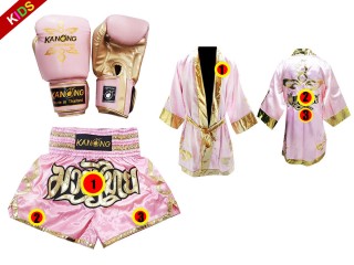Sett med Muay Thai hansker + tilpassede shorts + tilpasset kappe for barn:  Rosa/Gull