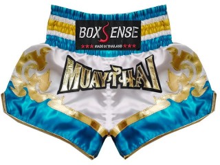 Boxsense Muay Thai Boksning Shorts : BXS-099-Hvit-himmelblå