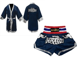 Kanong Muay Thai Bokseklær (Fight Robe) + Muay Thai Shorts : Marineblå-Elefant