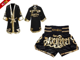 Personlig Kanong Muay Thai Bokseklær + Muay Thai Shorts for barn : Svart/Gull
