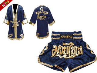 Kanong Muay Thai Bokseklær (Fight Robe) + Muay Thai Shorts for barn : Marineblå/Gull