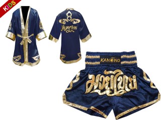 Personlig Kanong Muay Thai Boksekåpe + Muay Thai Shorts barn : Marineblå/Gull