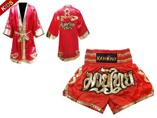 Personlig Kanong Muay Thai Boksekåpe + Muay Thai Shortsbarn : Rød/Gull